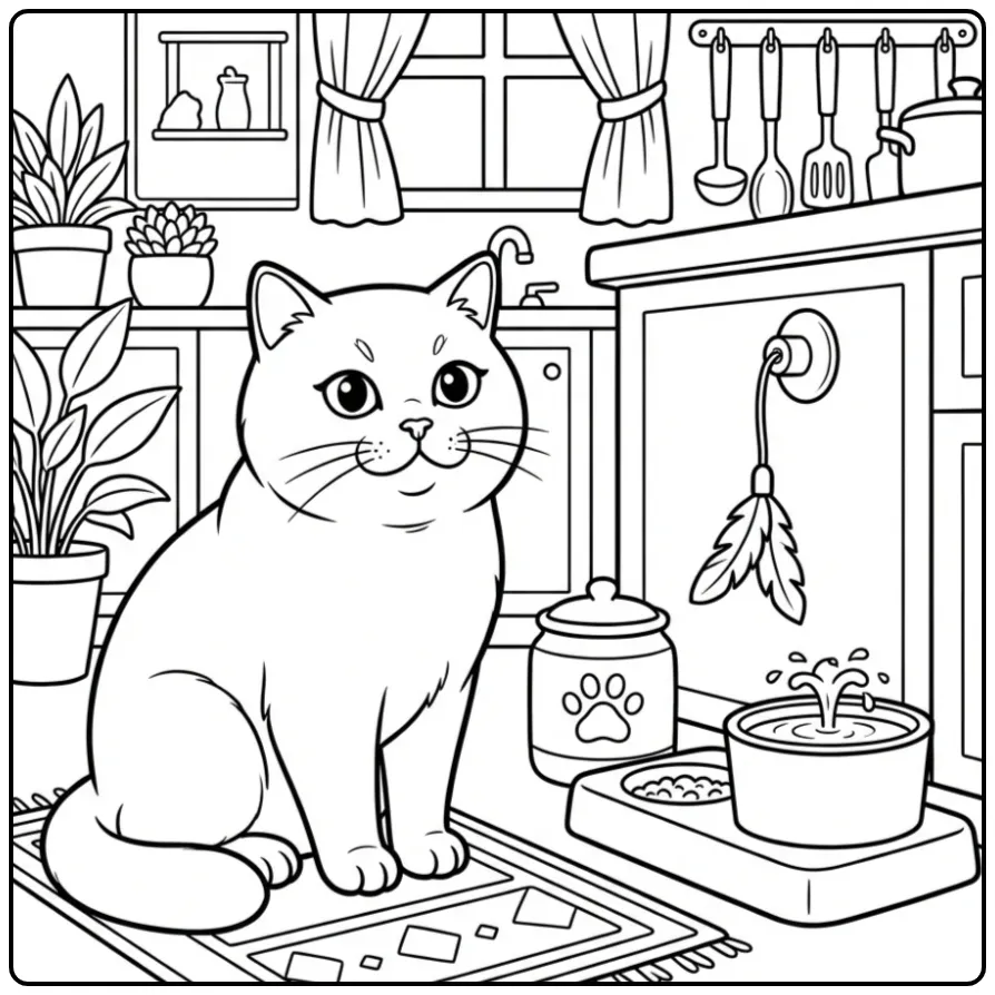 Een schattige Britse Korthaar poes kleurplaat in de keuken.