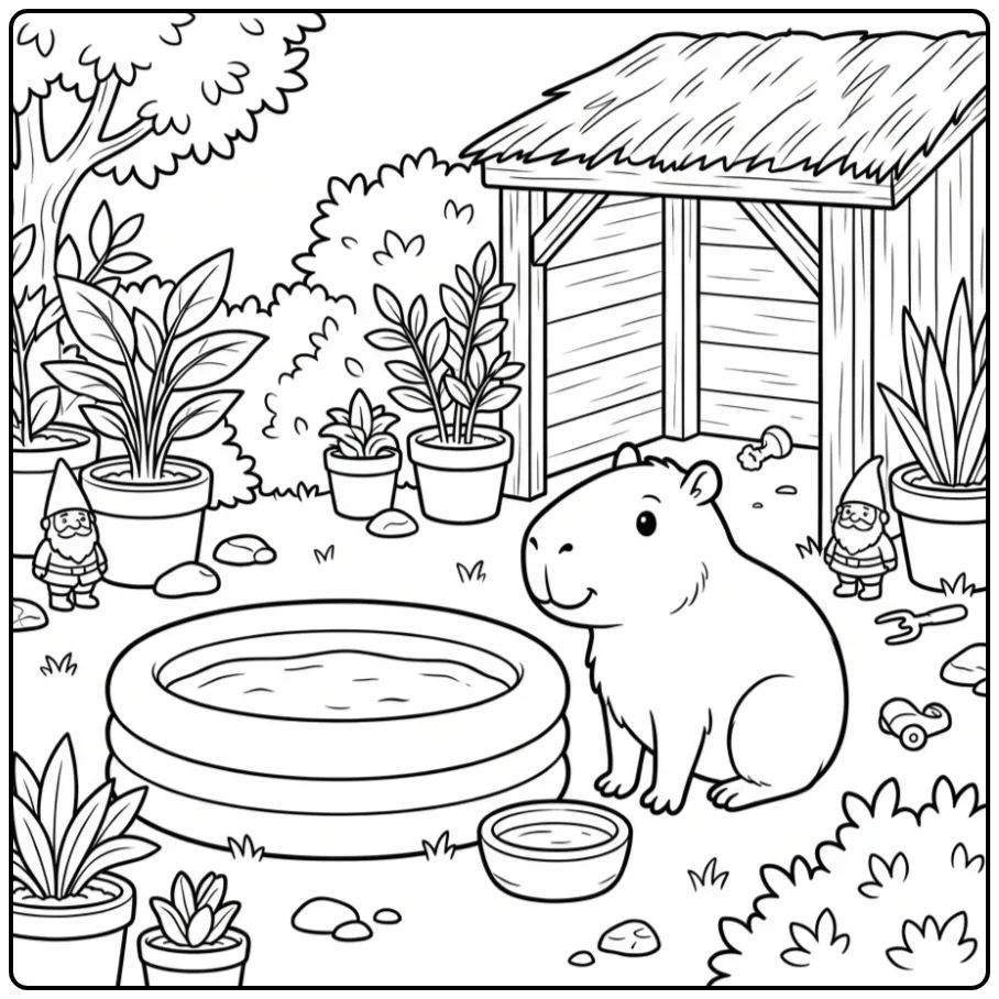 Een schattige capybara kleurplaat cute bij een zwembadje.