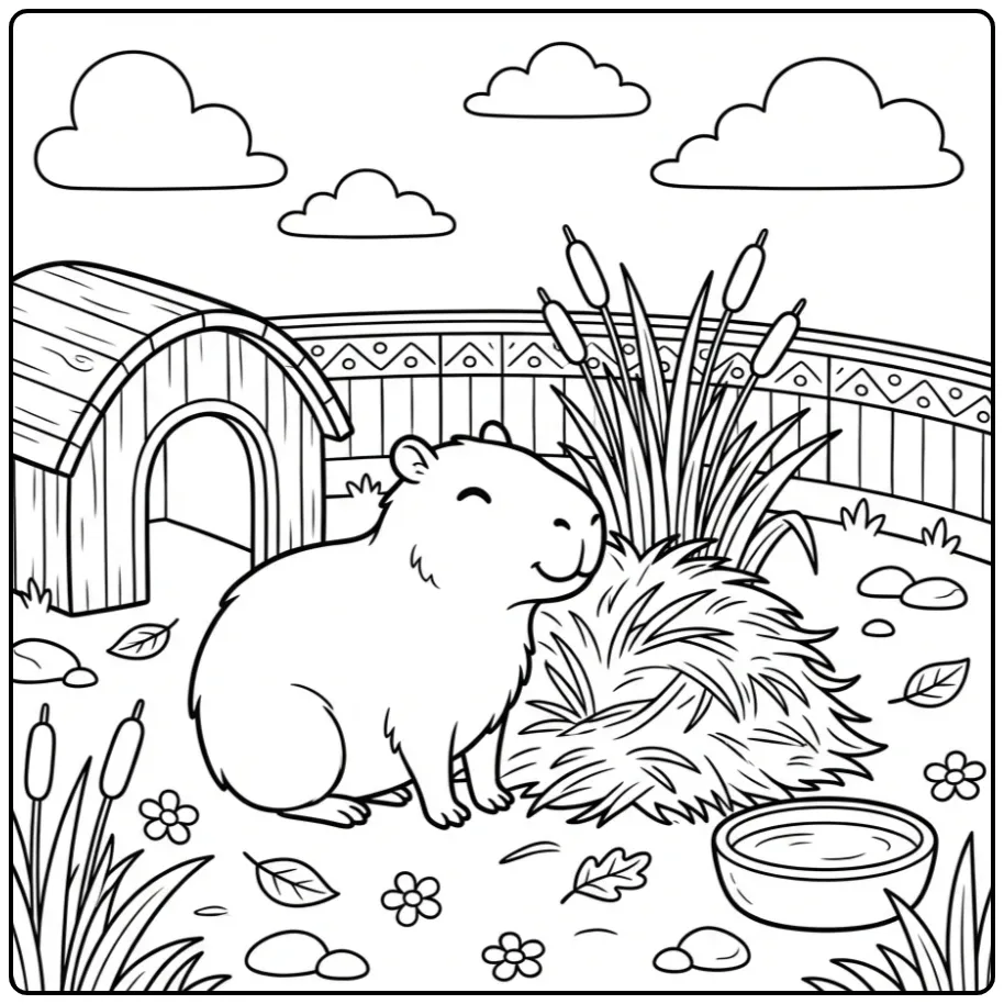 Schattige capybara kleurplaat met riet en een huisje.