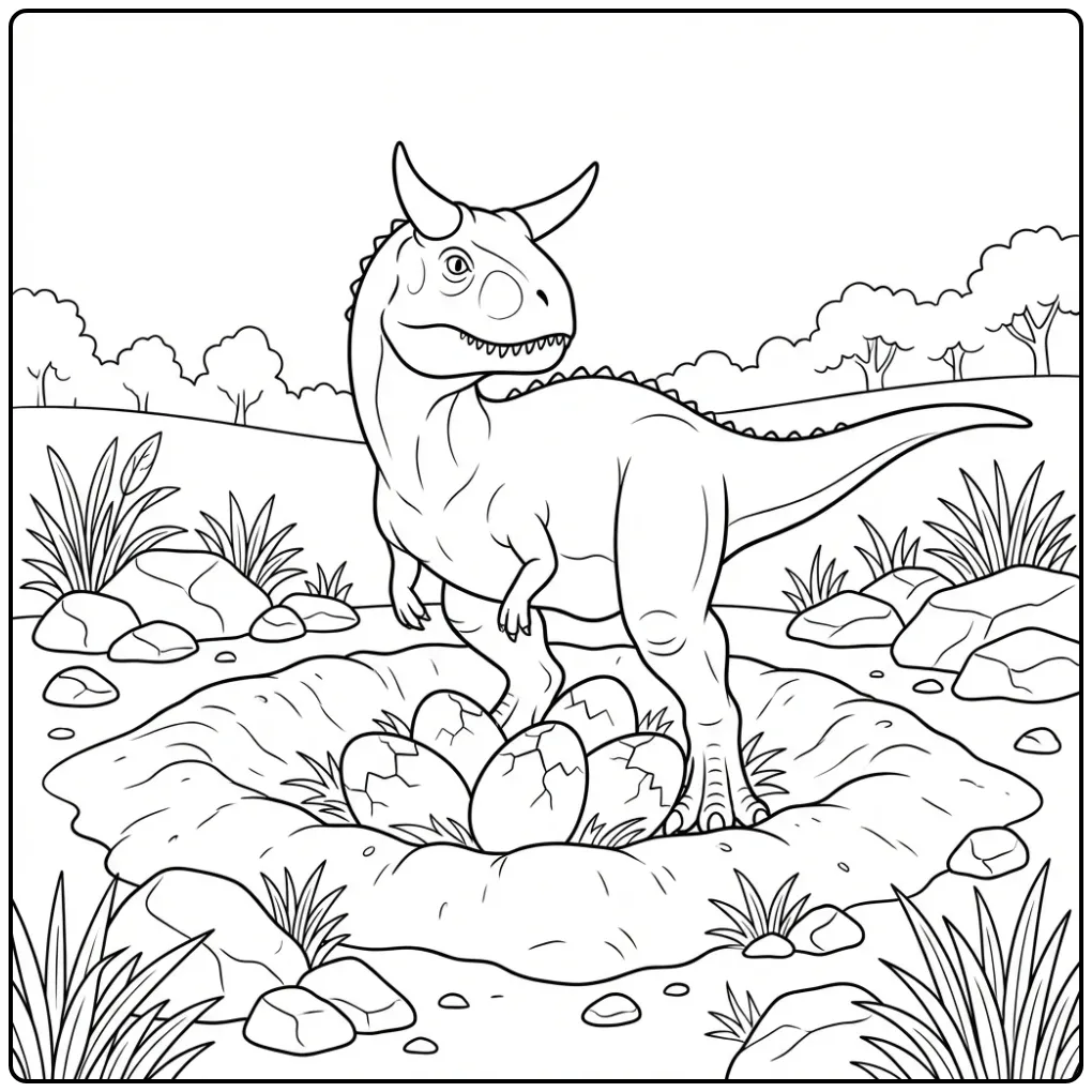 Een carnotaurus kleurplaat met een nest vol grote eieren.