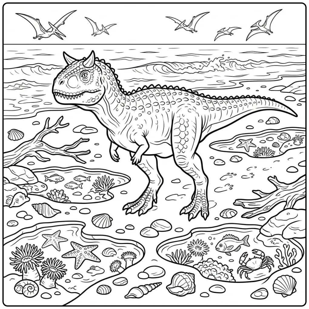Een carnotaurus kleurplaat op het strand met schelpen.