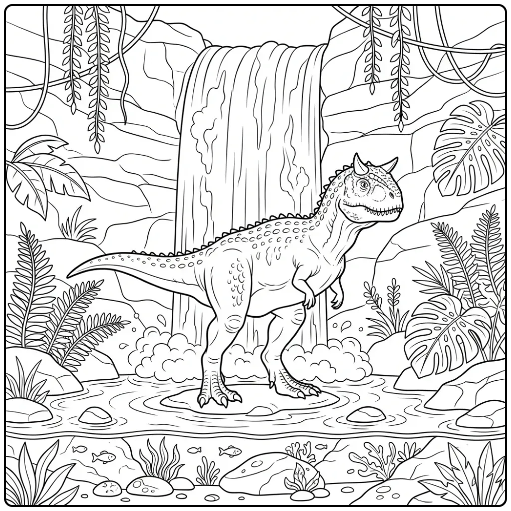 Een gedetailleerde carnotaurus kleurplaat bij een waterval.