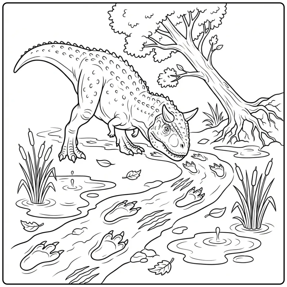 Een gedetailleerde carnotaurus kleurplaat die sporen ruikt