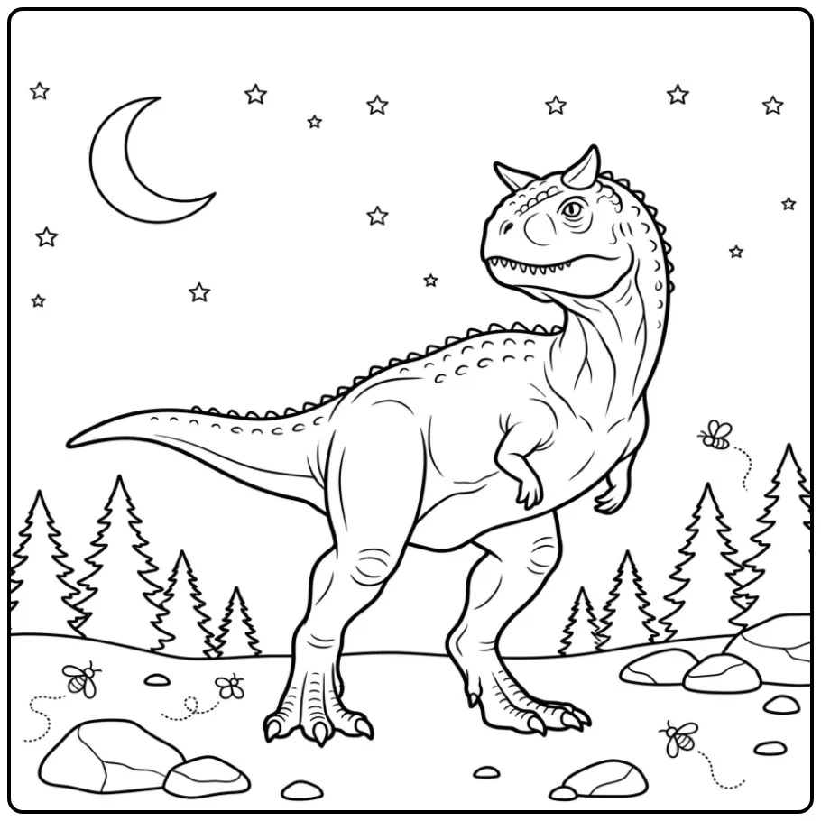 Een leuke carnotaurus kleurplaat onder de maan.
