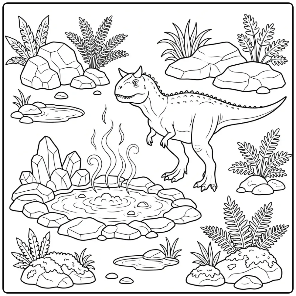 Een carnotaurus kleurplaat bij vulkanische rotsen en stoom