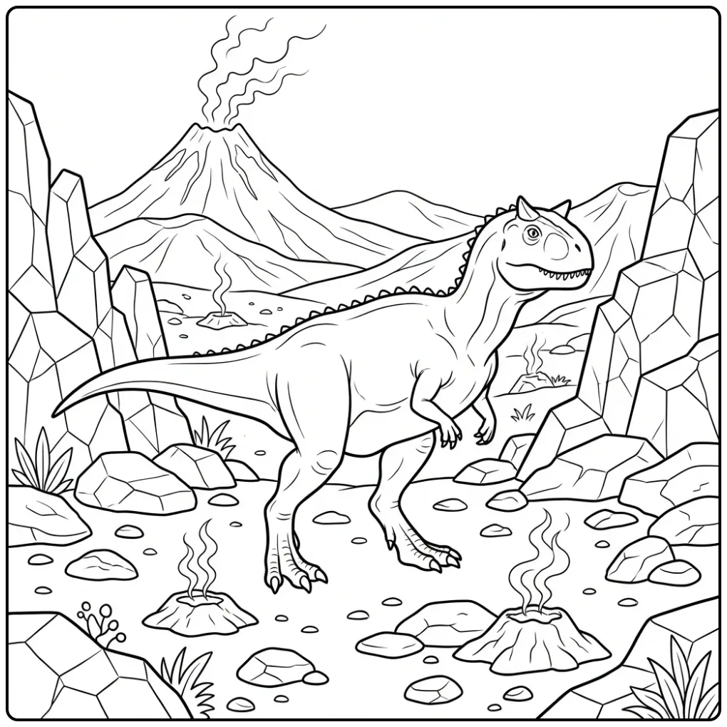 Carnotaurus kleurplaat in een vulkanisch landschap met rotsen.