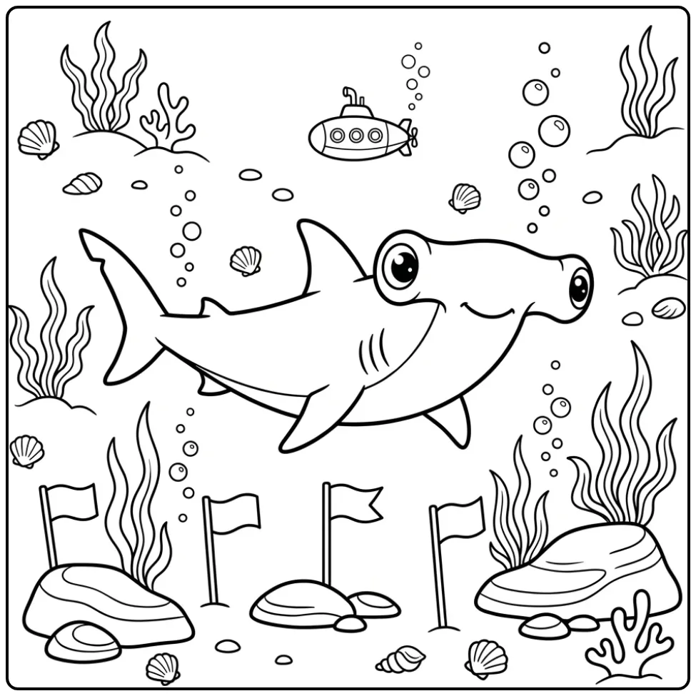 Leuke hamerhaai kleurplaat met onderwater onderzoek