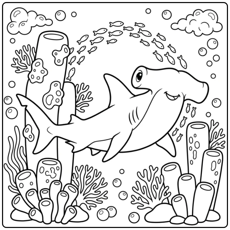 Schattige hamerhaai kleurplaat zwemmend tussen koraalrif.