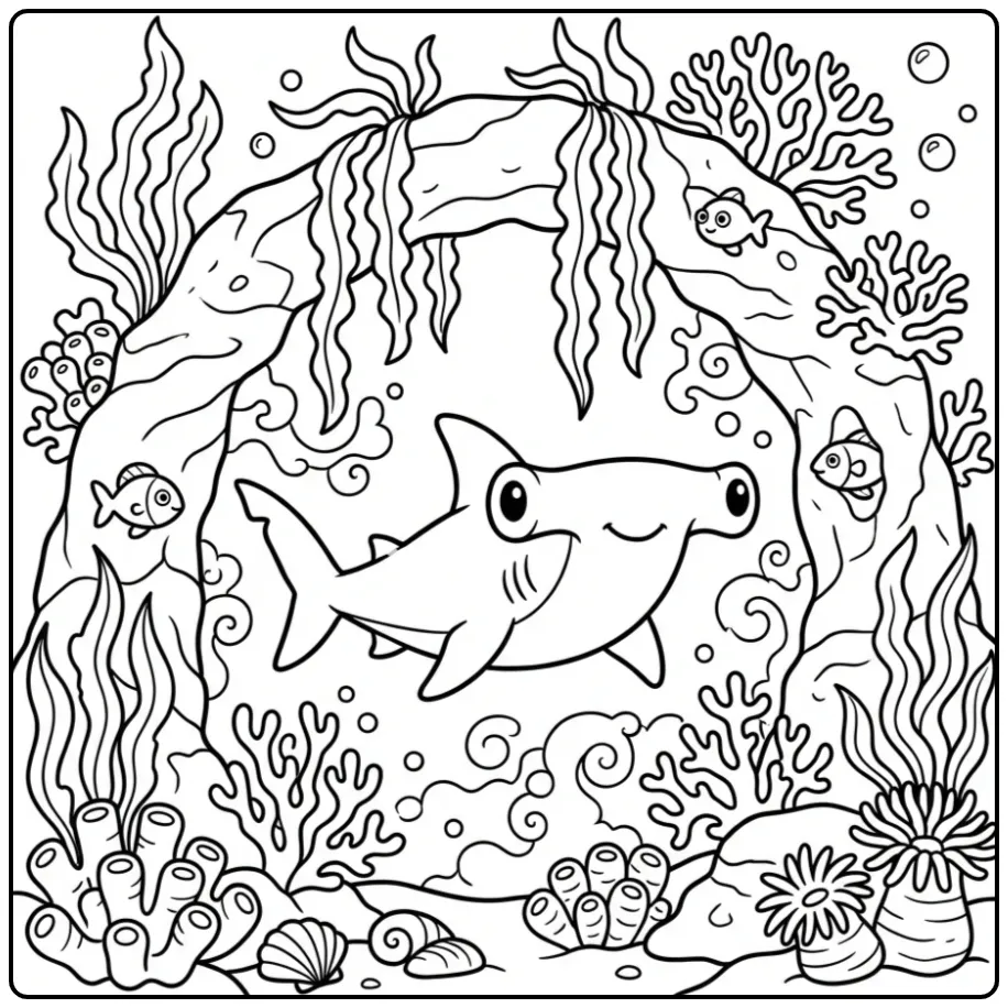 Leuke hamerhaai kleurplaat met koraal en bubbels.