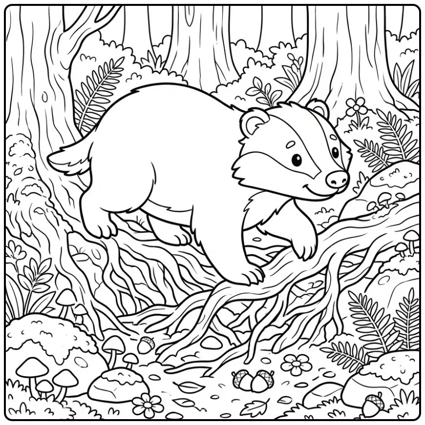 Leuke kleurplaat das in een bos met paddenstoelen en stenen.