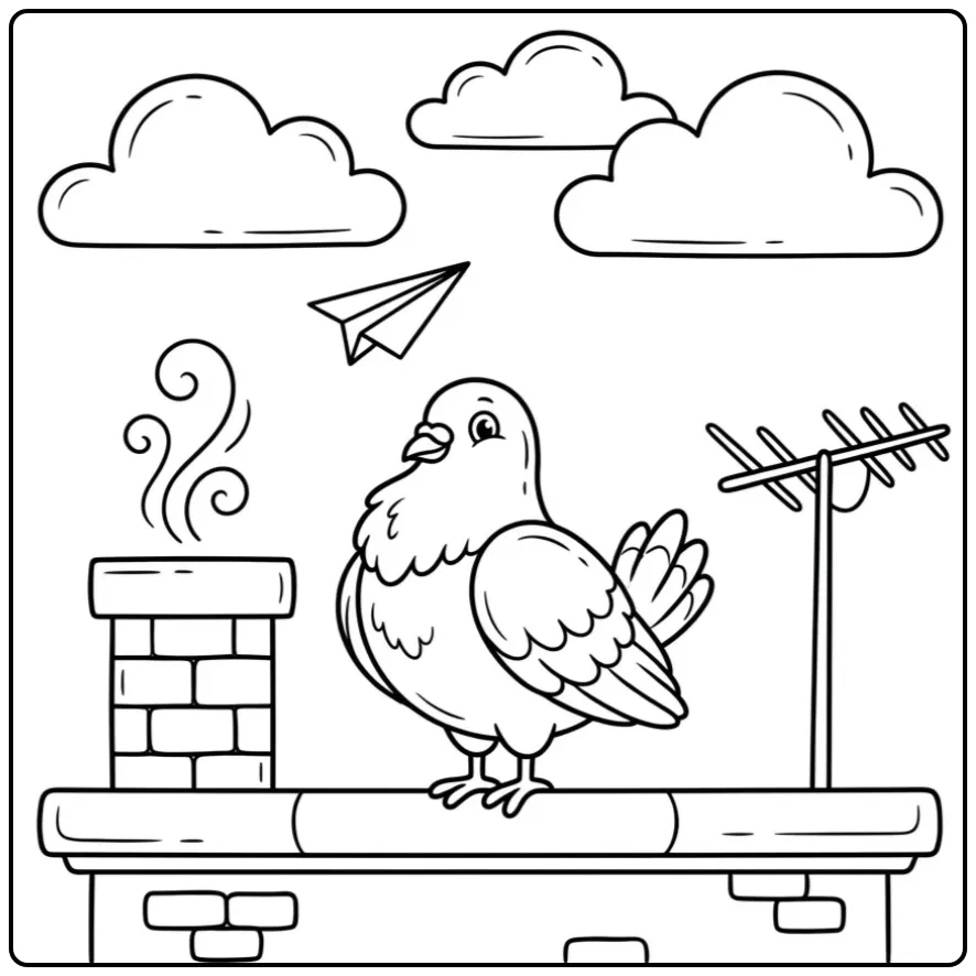 Leuke kleurplaat duif op een dak met een schoorsteen.