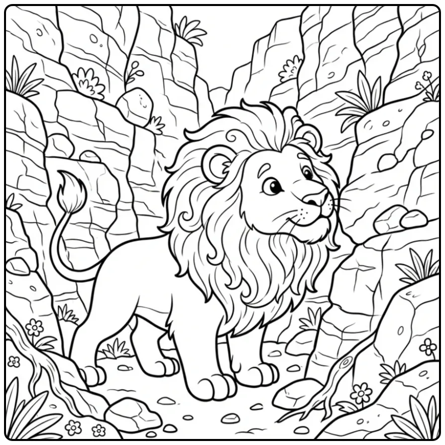 Schattige kleurplaat leeuw snuffelt aan rotsen in een kloof.