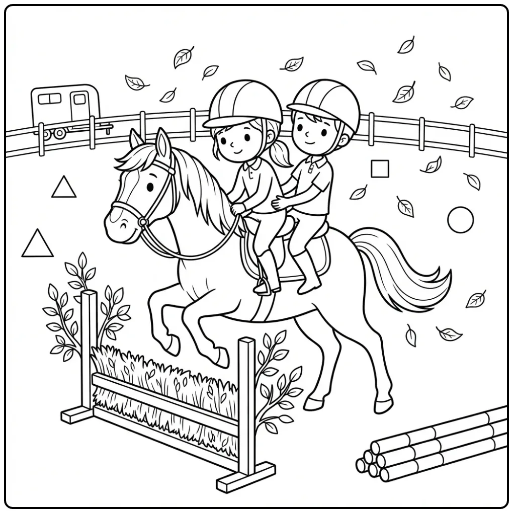 Een leuke kleurplaat paard met ruiter springen over takken.