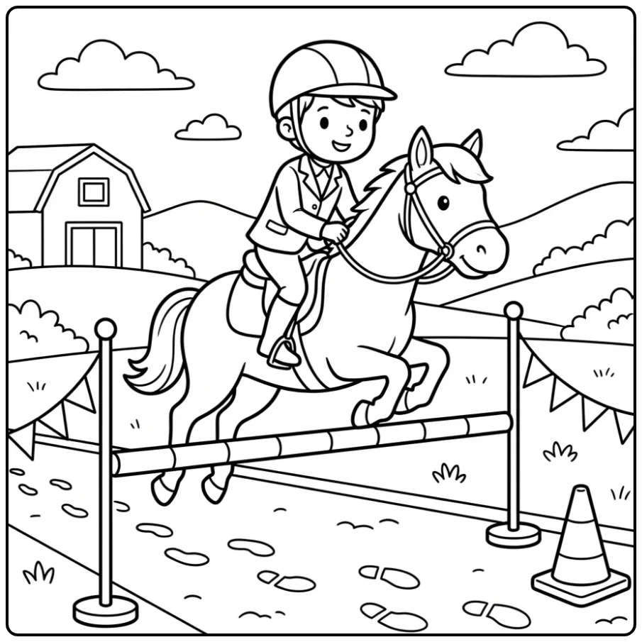 Schattige kleurplaat paard met ruiter springen over hindernis.