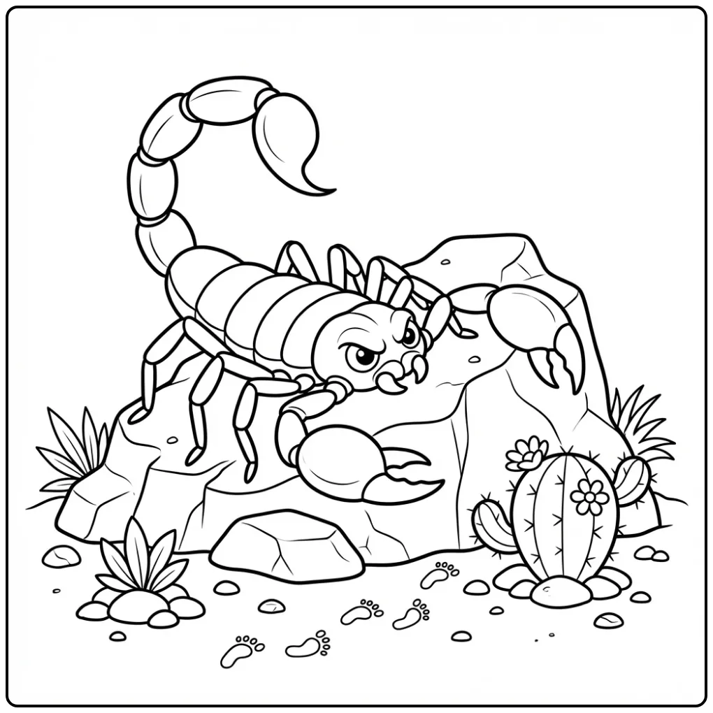 Leuke kleurplaat schorpioen klimmend over rotsen met cactus.