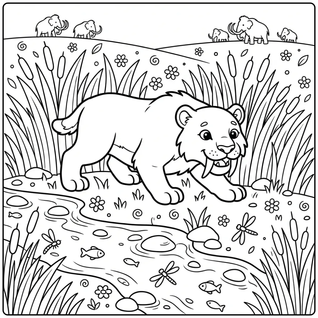 Sabeltandtijger kleurplaat sluipend door het hoge gras.