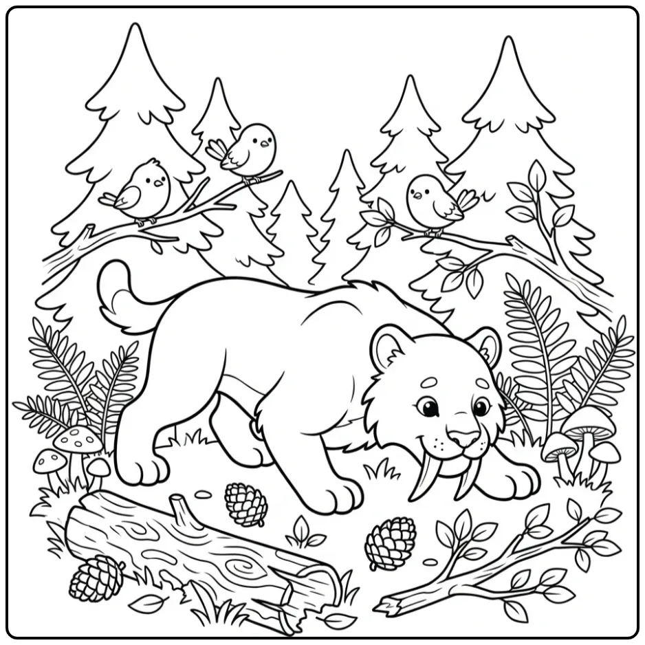 Leuke sabeltandtijger kleurplaat snuffelend bij een boomstam