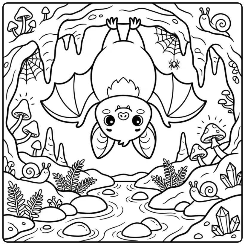 Leuke vleermuis kleurplaat in een grot met water en varens.