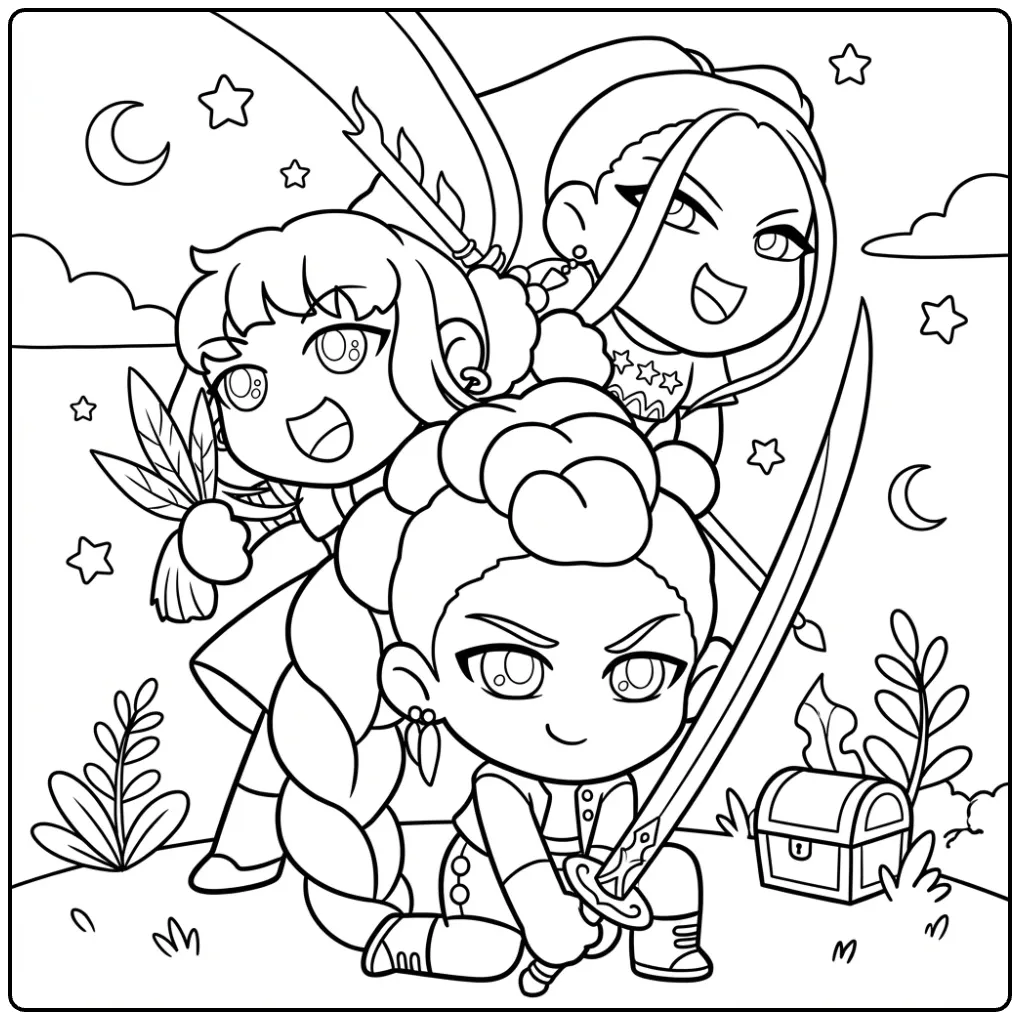 Schattige kleurplaat kpop demon hunters chibi jagers met zwaard.