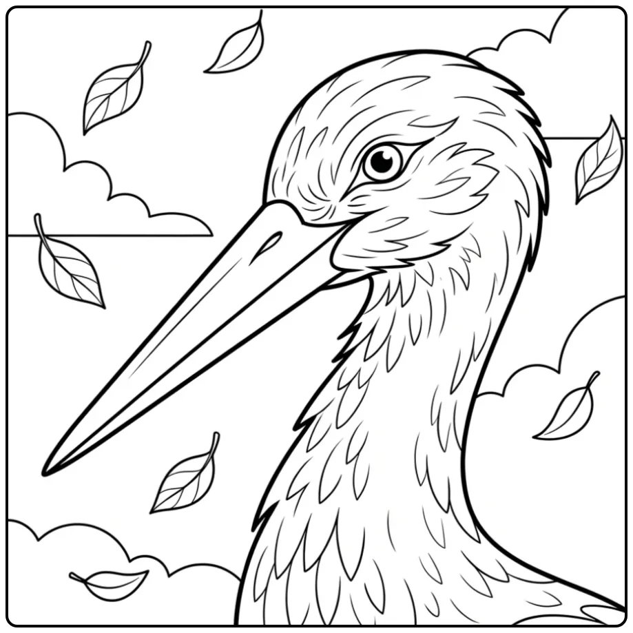 Portret van een ooievaar kleurplaat met bladeren en wolken.
