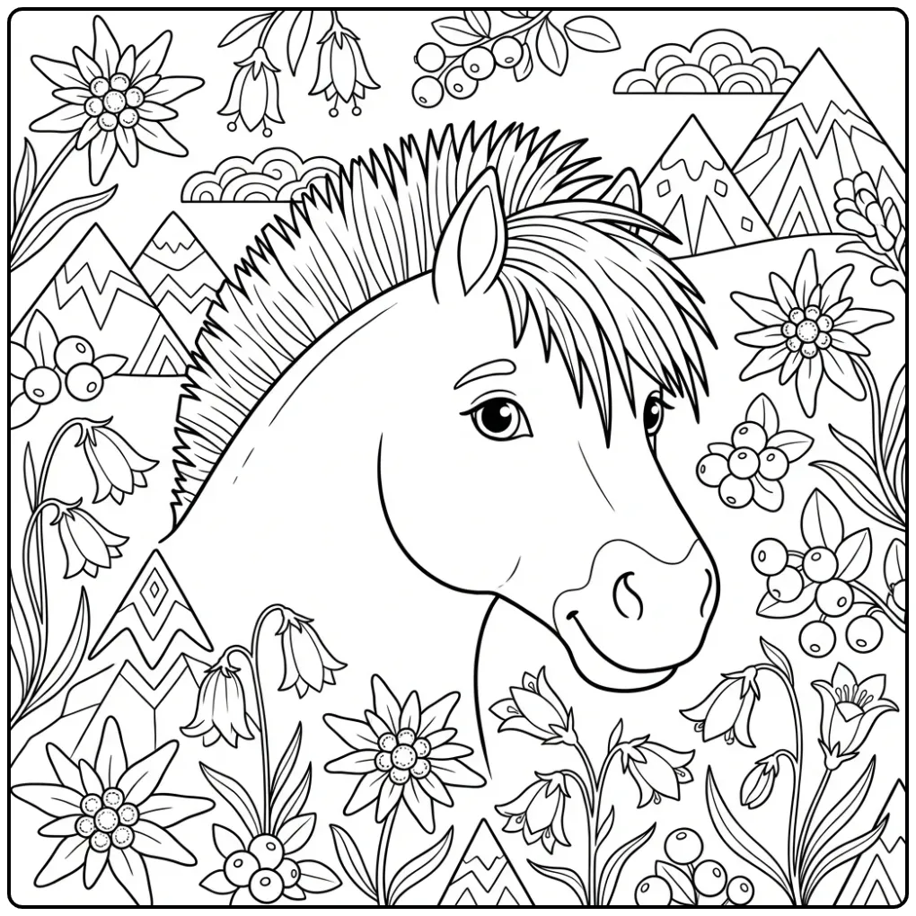 Schattige paarden kleurplaat fjord met bloemen en bergen.