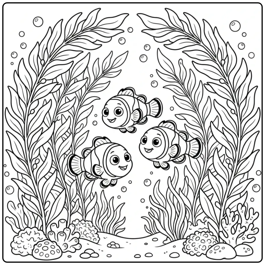Schattige clownvis kleurplaat met drie vissen en zeewier.