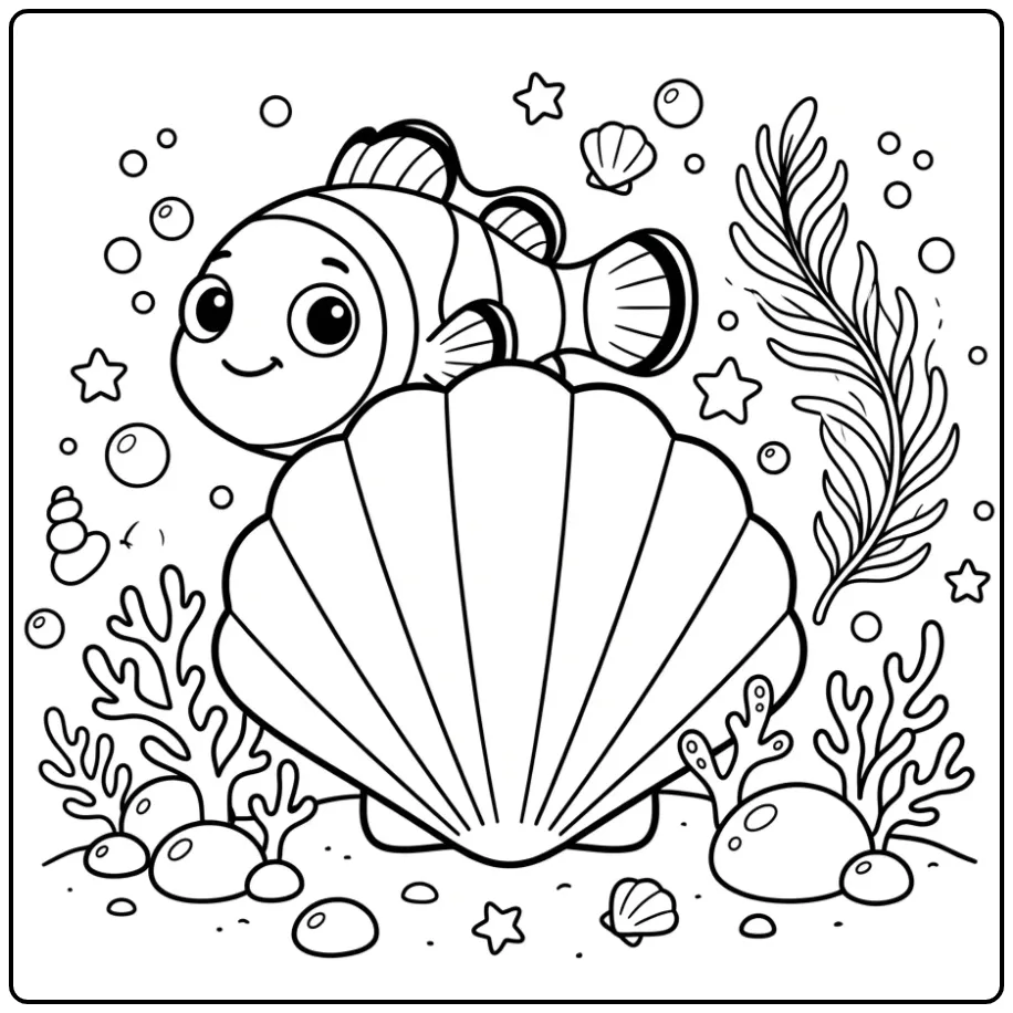 Schattige clownvis kleurplaat achter een grote schelp.