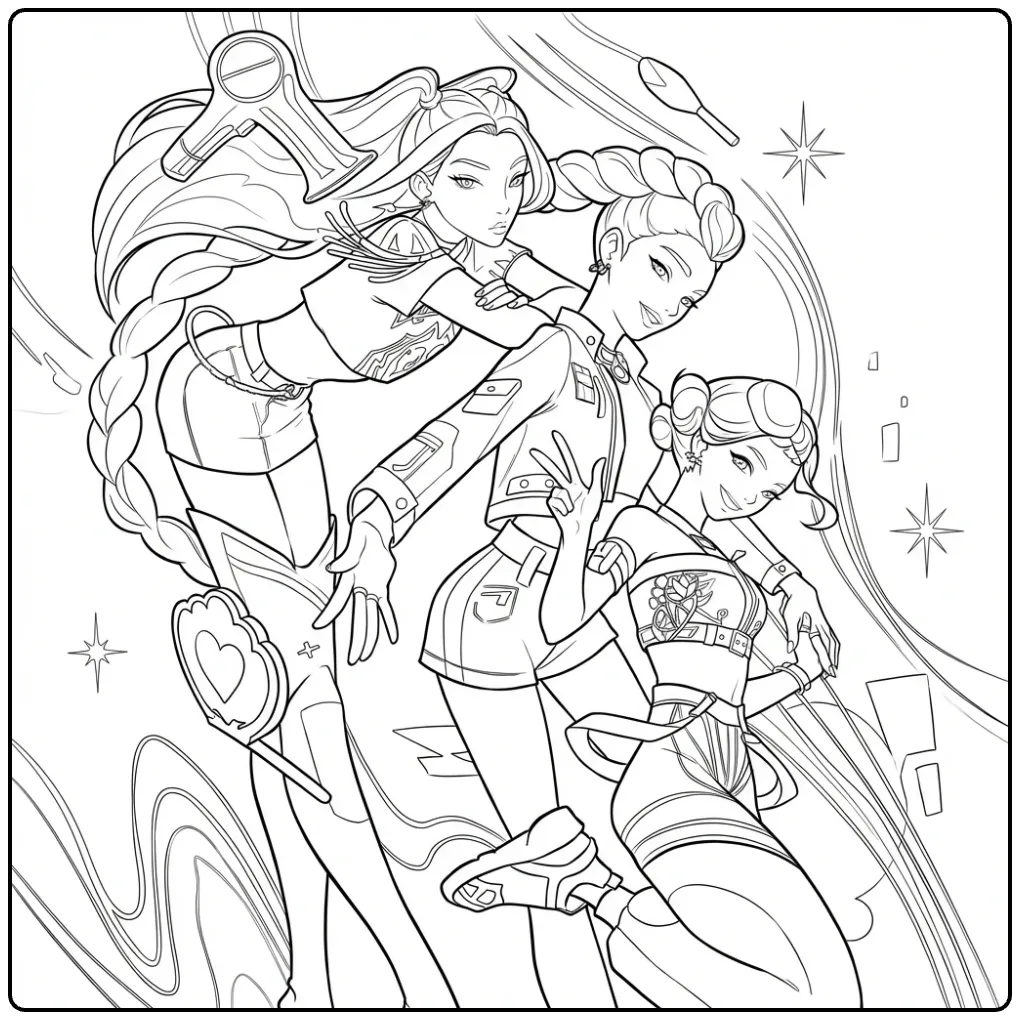 Kleurplaat kpop demon hunters meidengroep met accessoires.