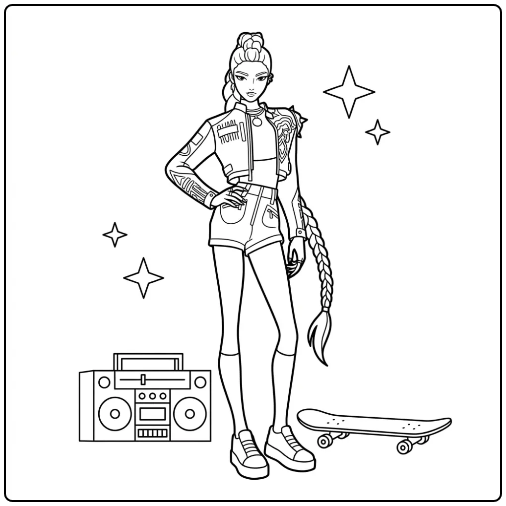 Kleurplaat Kpop Demon Hunters Rumi met boombox en skateboard.