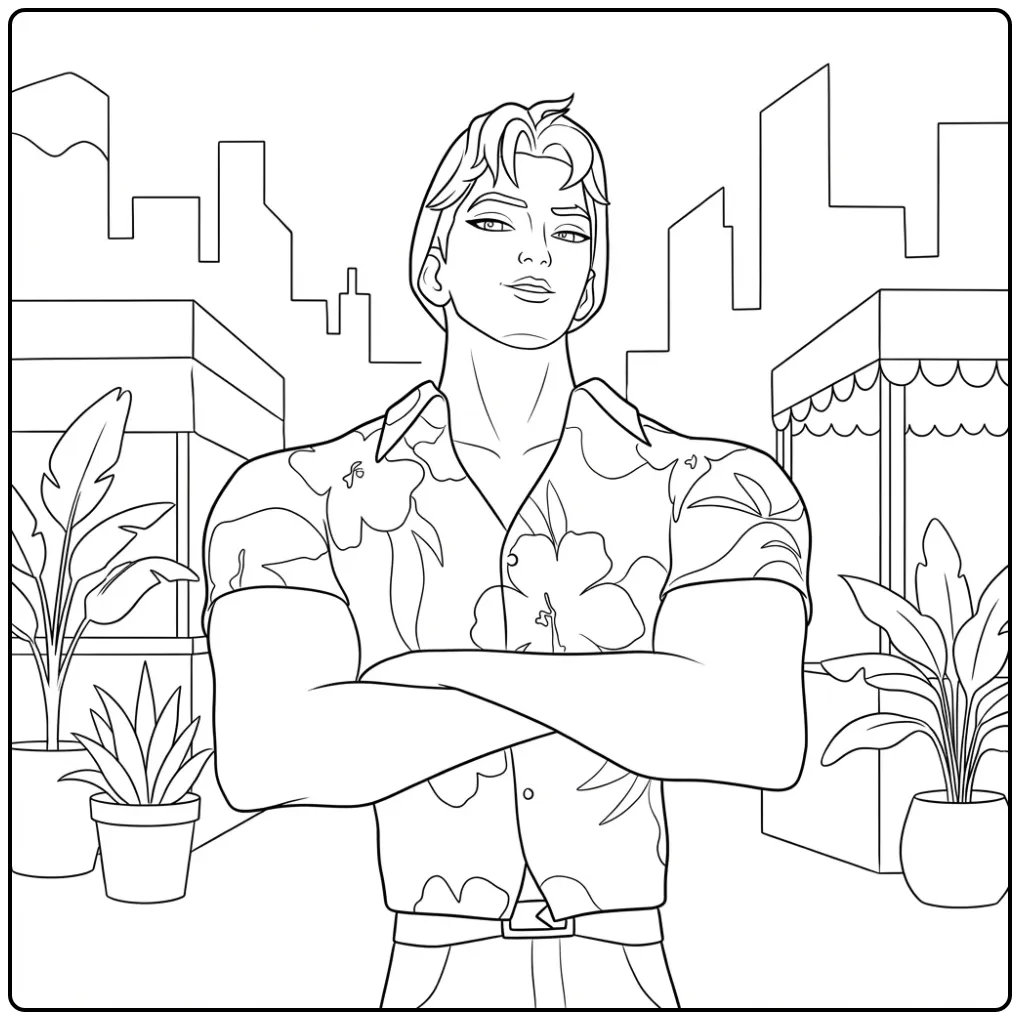 Kpop demon hunters kleurplaat Abso van een man in een Hawaïblouse.