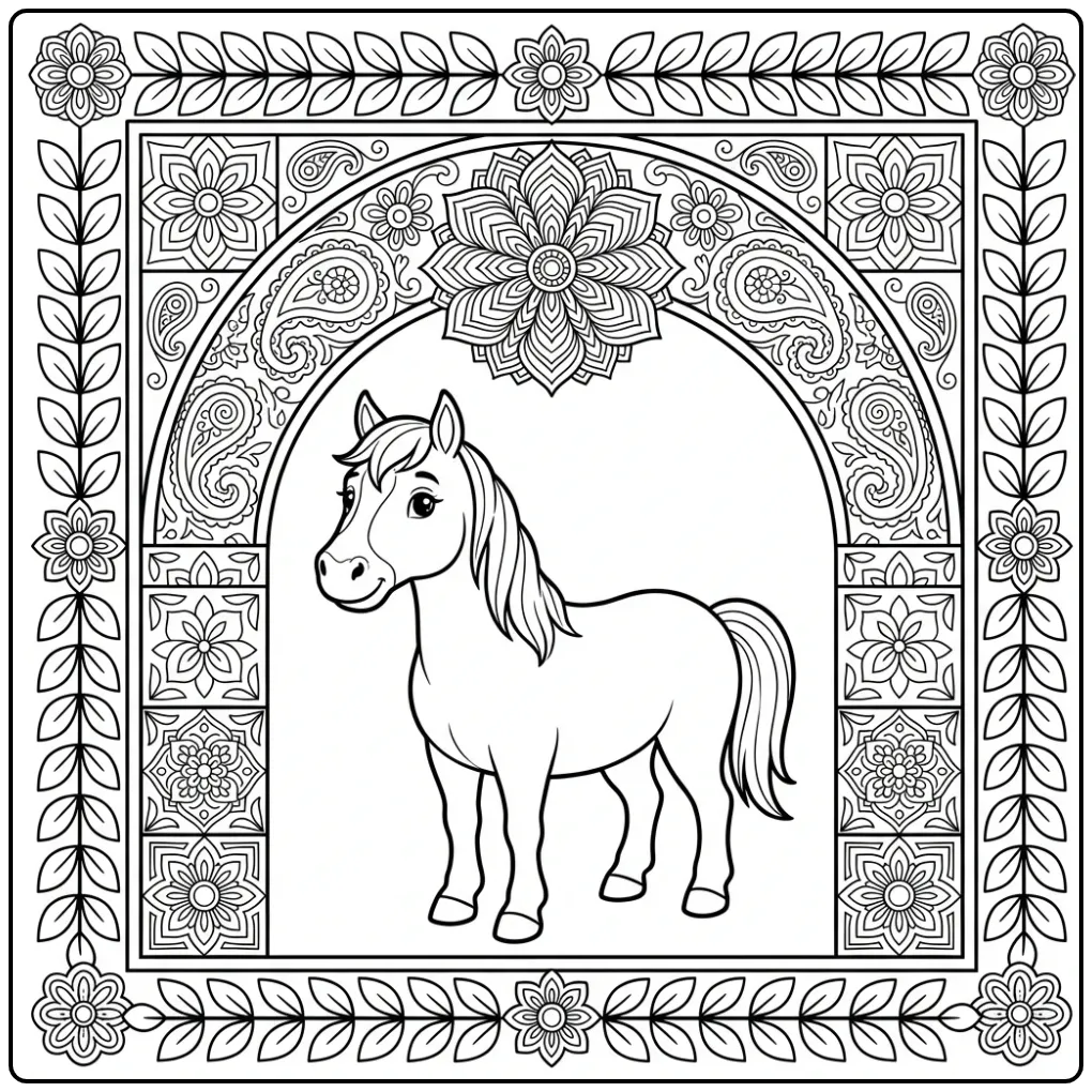 Een prachtige kleurplaat paard mandala onder een bloemenboog.