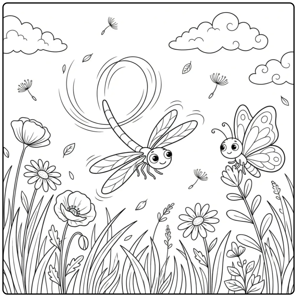 Vrolijke kleurplaat libelle die danst met een vlinder.