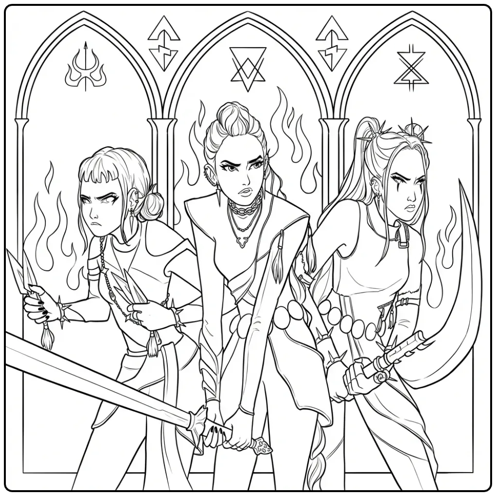 Kleurplaat kpop demon hunters: drie meiden met zwaarden.