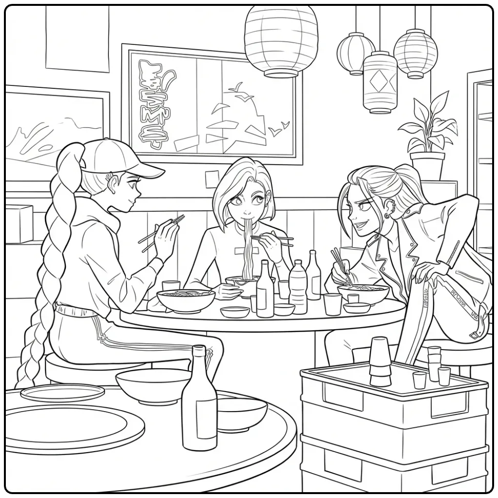 Kleurplaat kpop demon hunters meisjes aan het eten.