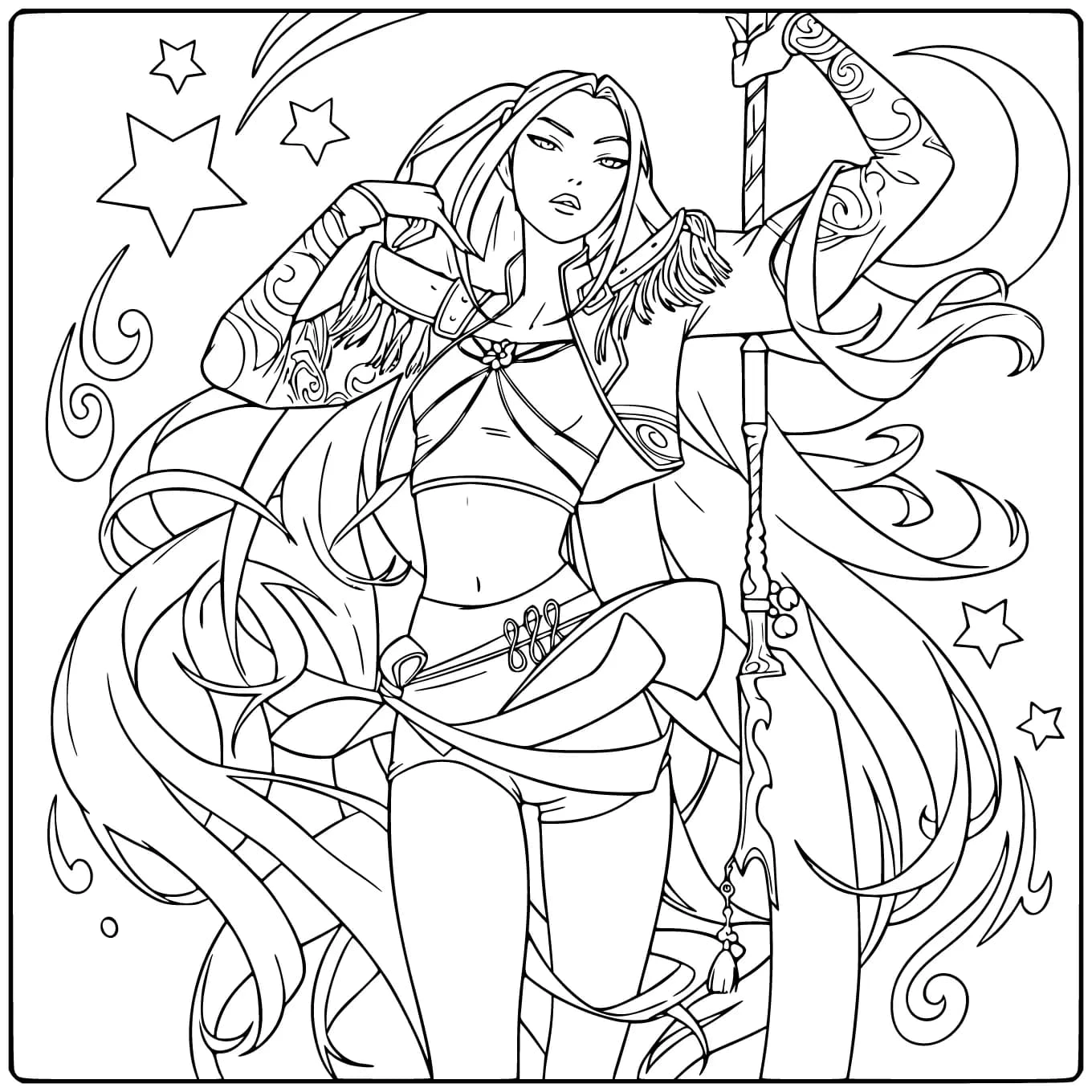 Een kleurplaat kpop demon hunters mira met staf en sterren.