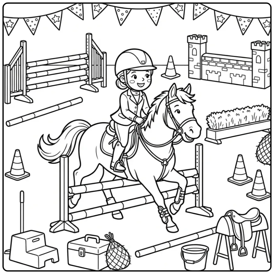 Mooie kleurplaat paard met ruiter moeilijk springparcours