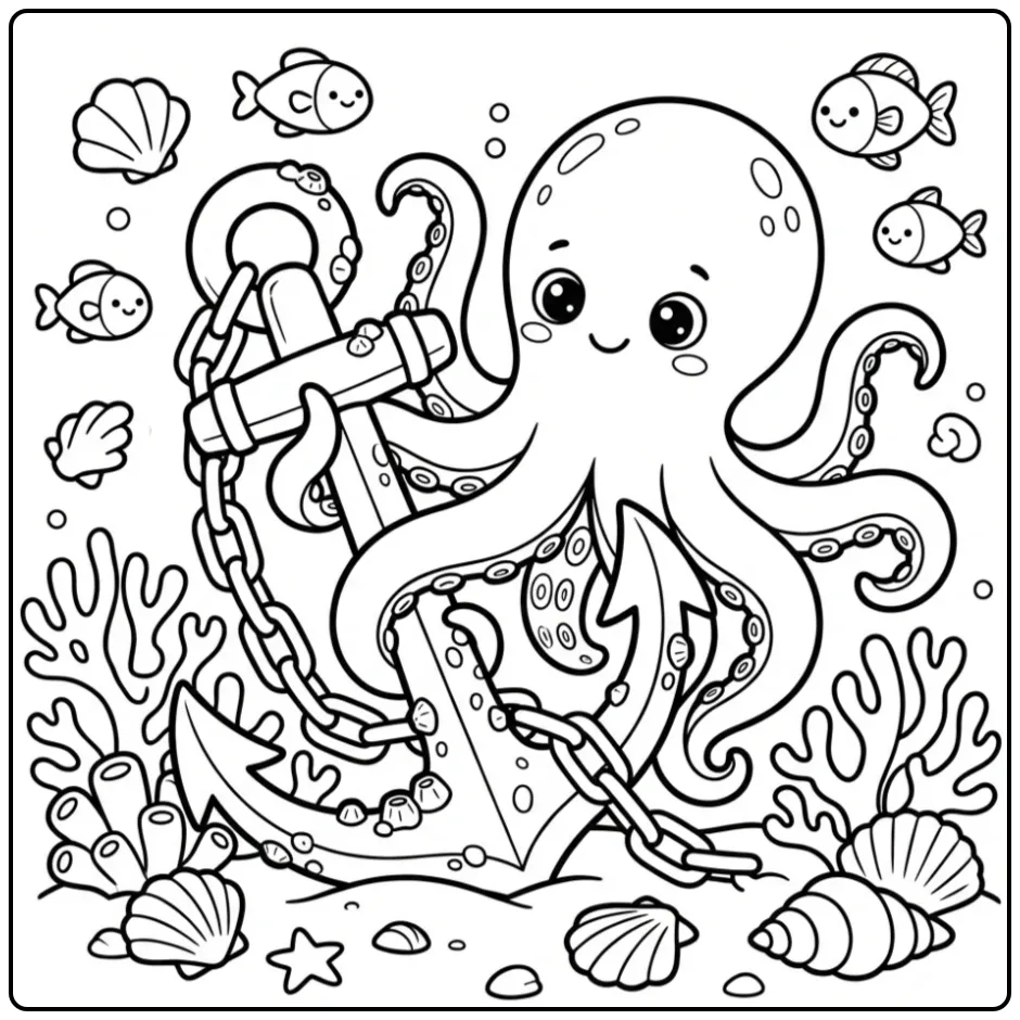 Een gedetailleerde octopus kleurplaat bij een anker.