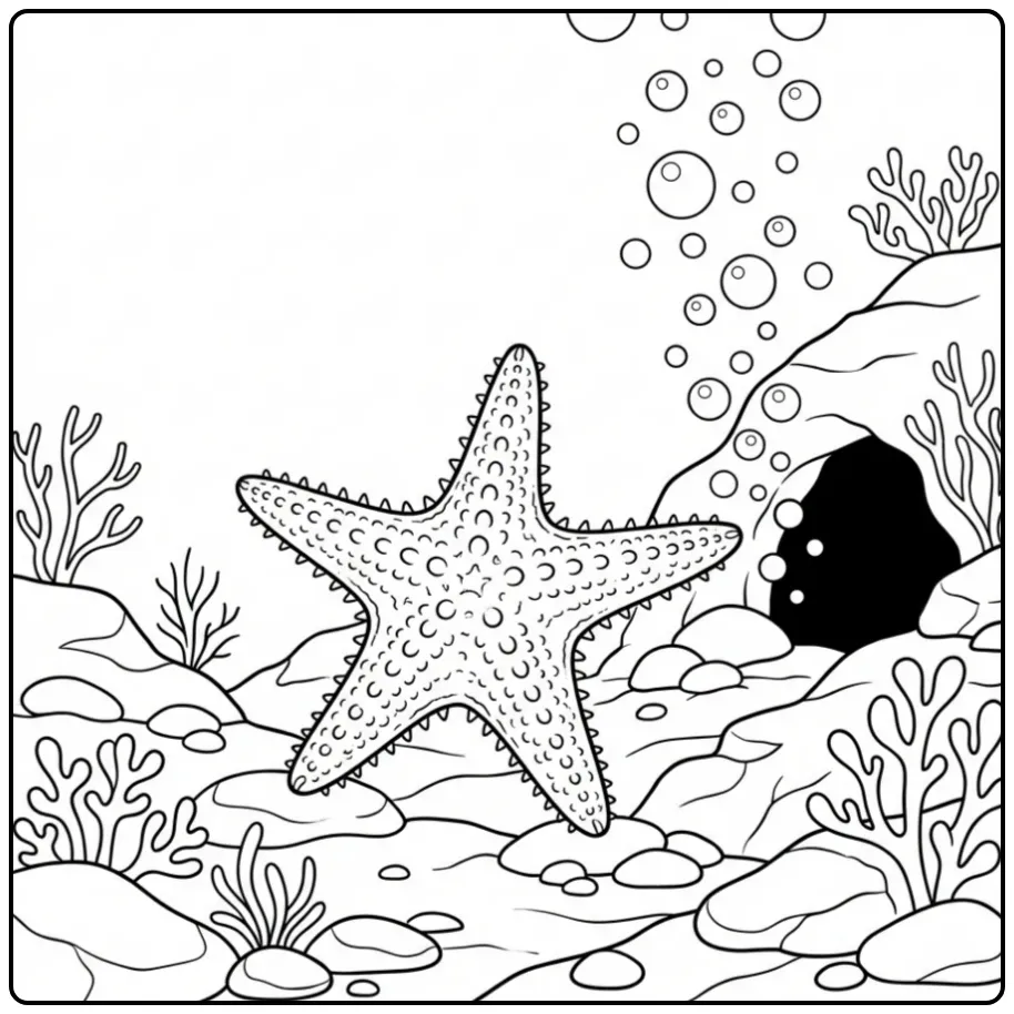 Schattige zeester kleurplaat met bubbels en stenen.