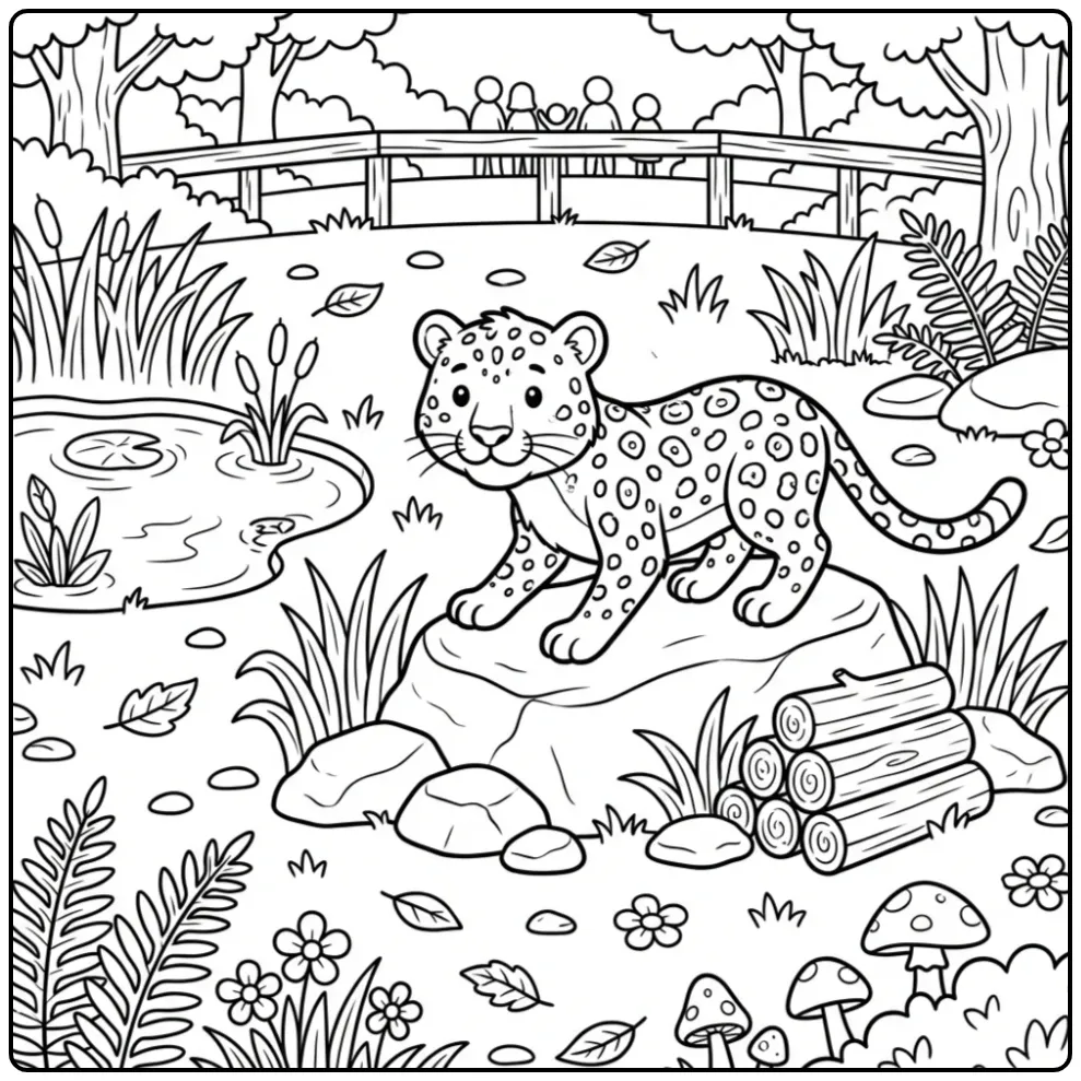 Schattige kleurplaat luipaard in de dierentuin met rotsen.