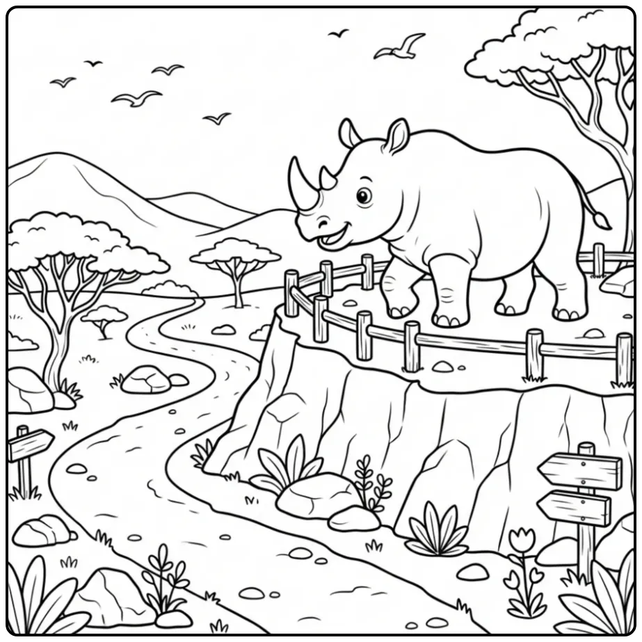 Schattige kleurplaat neushoorn wandelend op een heuvel.