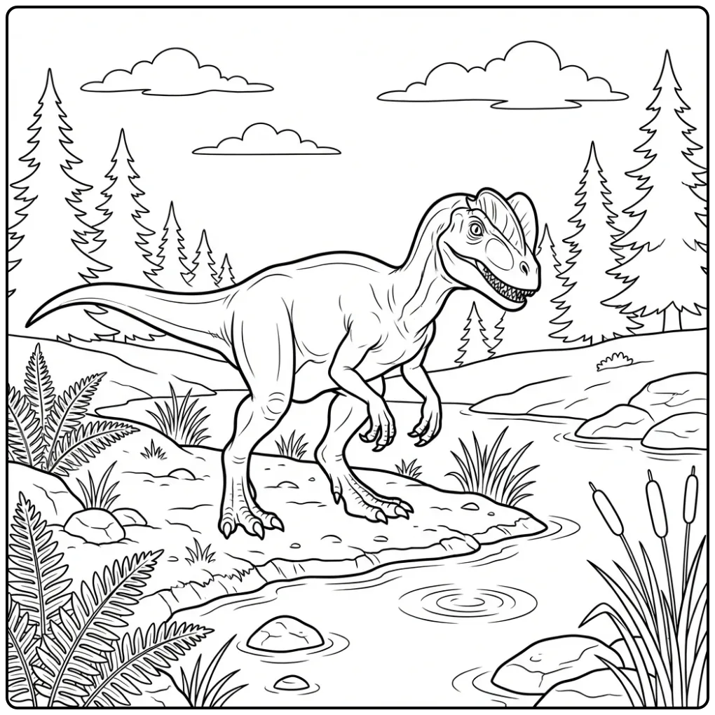 Realistische dilophosaurus kleurplaat aan de rivieroever