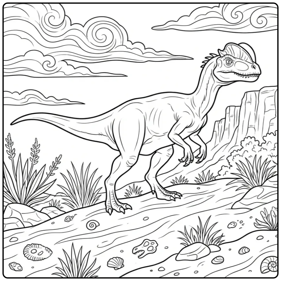 Realistische dilophosaurus kleurplaat op een zandrug.