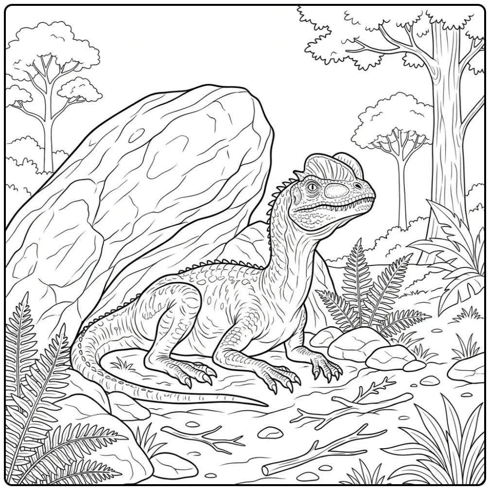 Een dilophosaurus kleurplaat tussen varens en stenen.