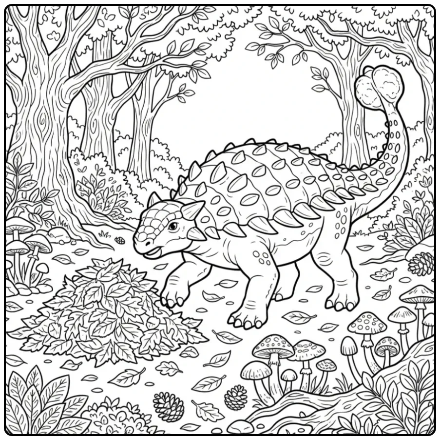 Ankylosaurus dino kleurplaat met staartknots en bladeren