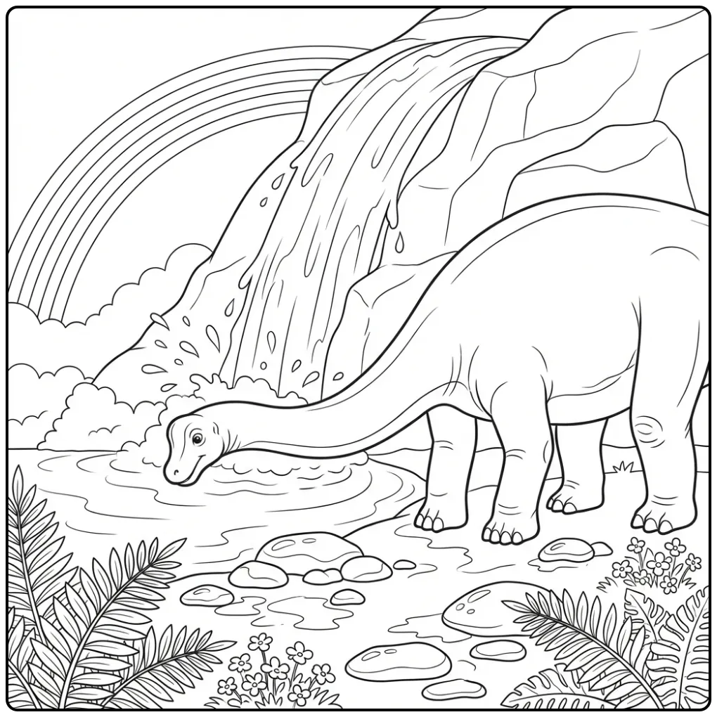 Grote dino kleurplaat brachiosaurus naast vallend water.