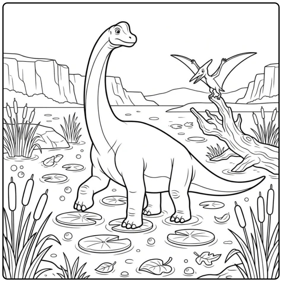 Een leuke dino kleurplaat brachiosaurus tussen het riet.