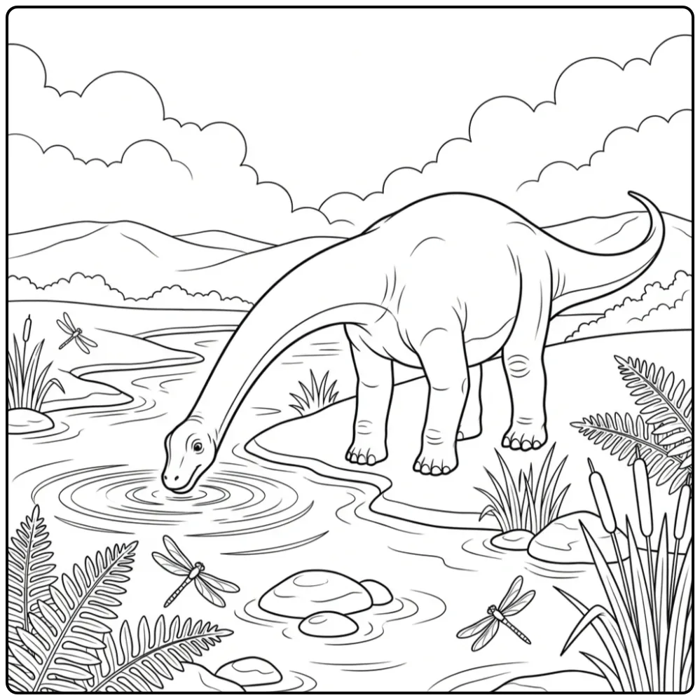 Mooie dino kleurplaat brachiosaurus drinkend aan de waterkant.