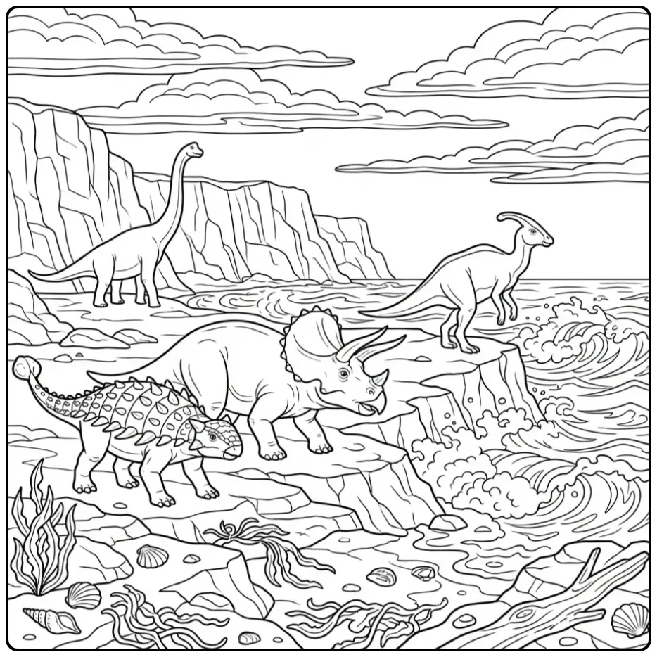 Ankylosaurus en Triceratops op een dino kleurplaat aan zee.