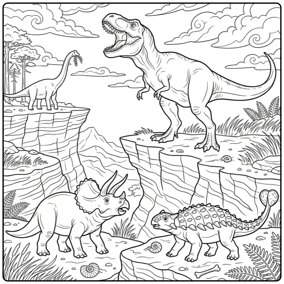 Brullende T-Rex op een klif als dino kleurplaat.