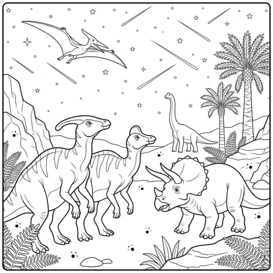 Dino kleurplaat met dinosaurussen onder een sterrenhemel.